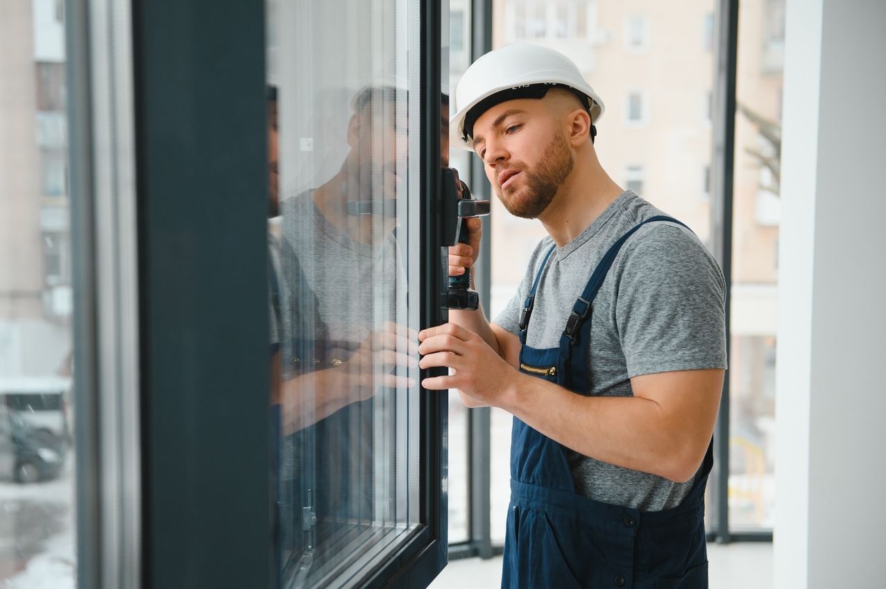Handwerker mit weißem Helm und grauem T-Shirt steht vor einem Fenster und hält einen schwarzen Gegenstand in der Hand